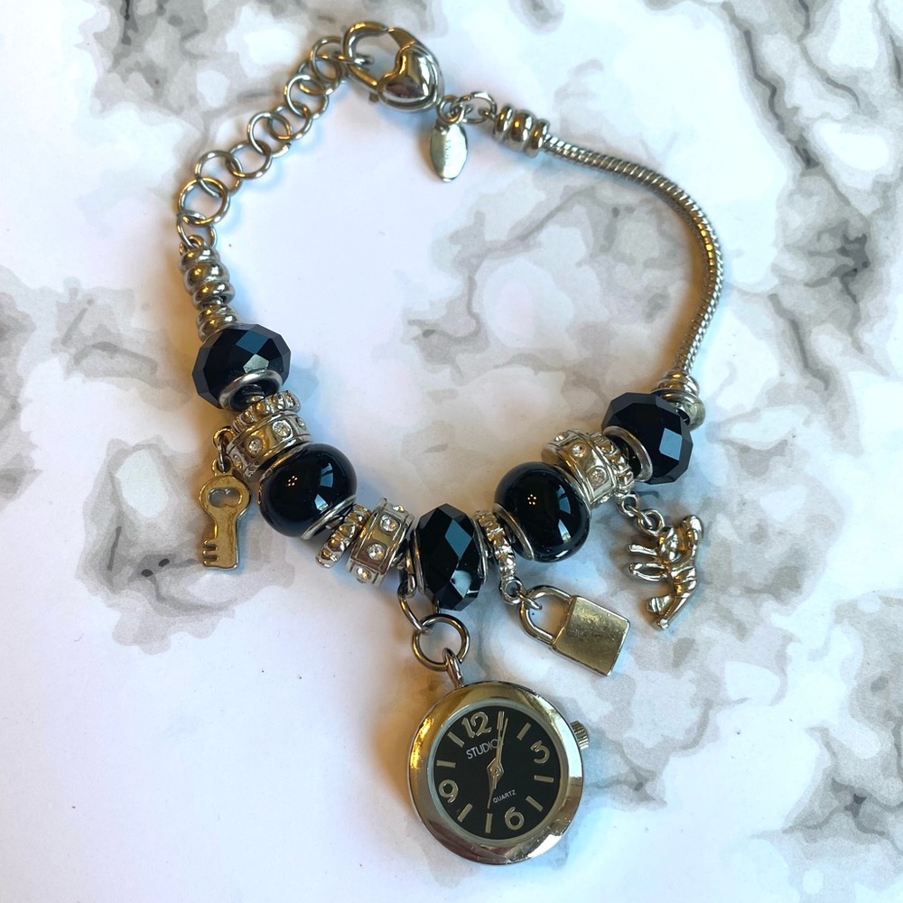 Studio Silver Black Charm Bracelet Watch